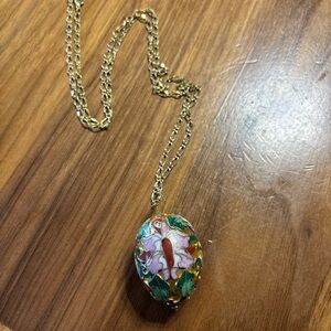 Gold Tone CLOISONNE Egg Pendant Unsigned Bright Enamel Colors Floral Motif 1.5"!